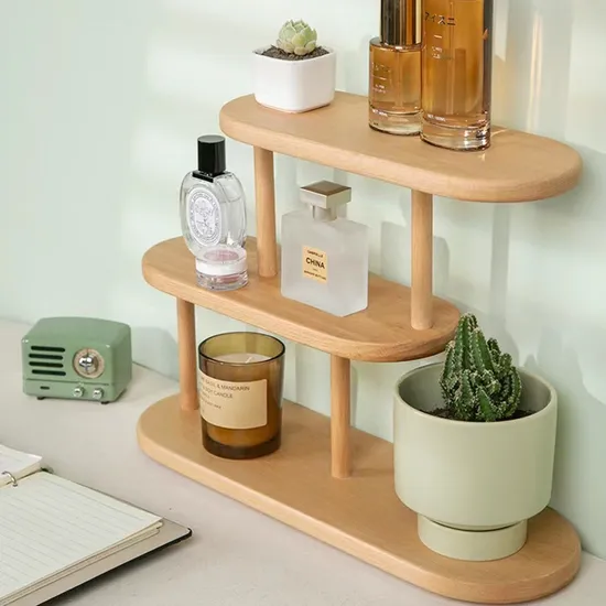 Estante de almacenamiento multifuncional de madera maciza de 3 capas, estante de almacenamiento de cosméticos de escritorio