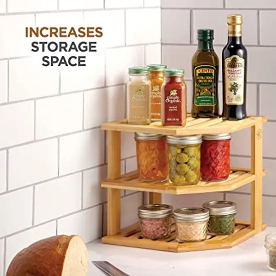 Estante esquinero de cocina de bambú, organizador, gabinete, estante esquinero con 3 capas para platos/platos/cuencos