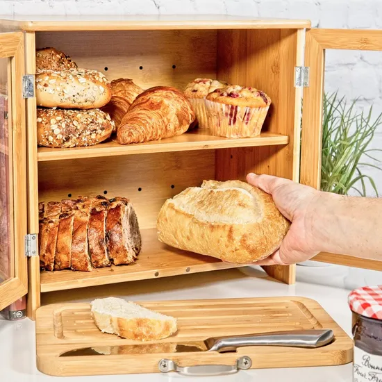 Caja de pan de bambú multifuncional de 2 capas con tabla de cortar para encimera de cocina y panadería