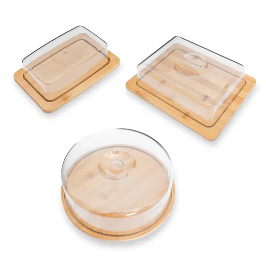 Soporte para mantequilla de bambú, soporte para pasteles, bandeja para mantequilla con tapa transparente