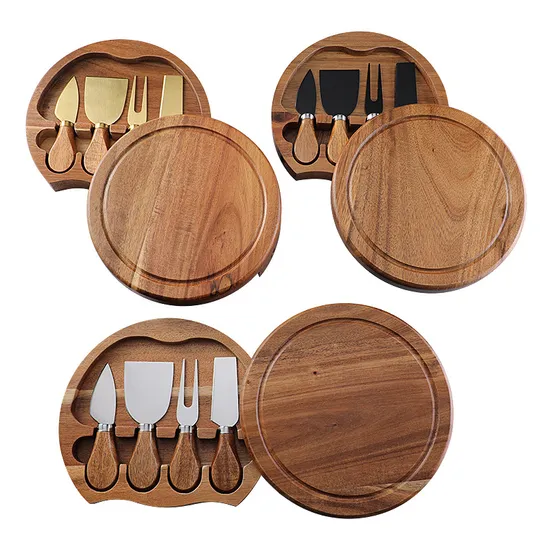 Tabla de cortar compacta para queso con cajón de acacia que ahorra espacio con cuchillos
