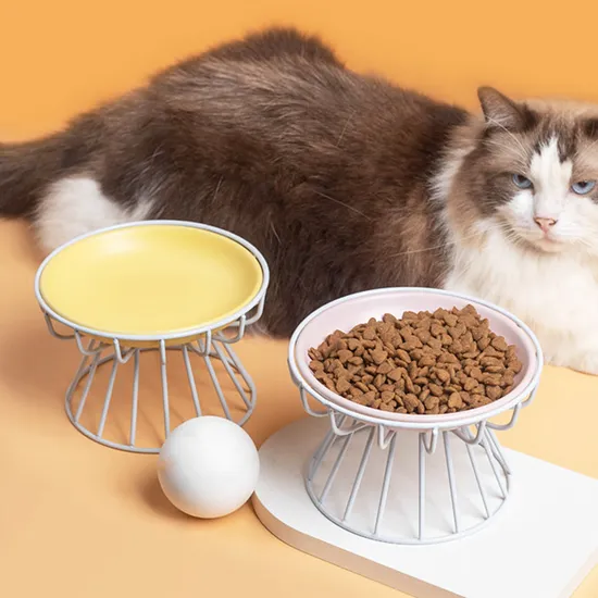 Cuencos de cerámica multicolores para gatos con plato de comida para mascotas con soporte de metal