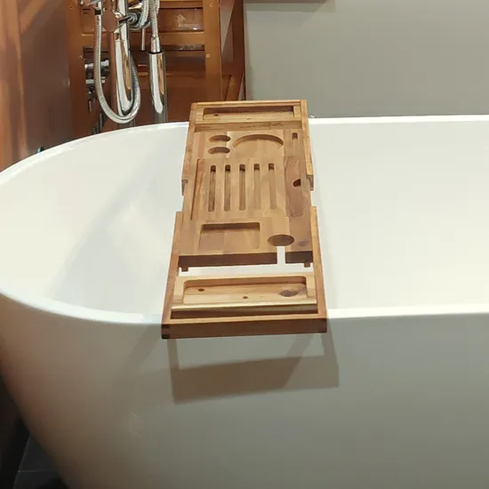 Bandeja extensible de lujo para bañera de madera de acacia con soporte para vino y soporte para libros
