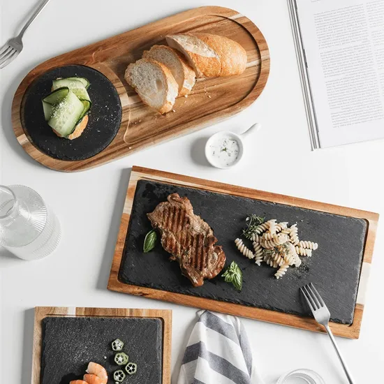 Tablero de servicio de queso de pizarra y madera de acacia con forma de paleta al por mayor