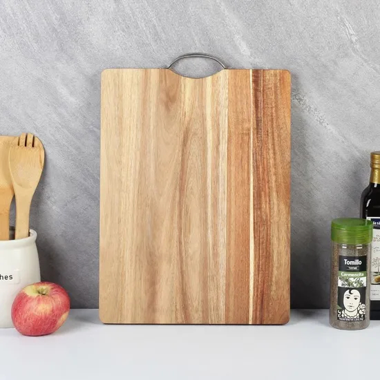 Tabla de cortar de madera de acacia para verduras con mango de metal