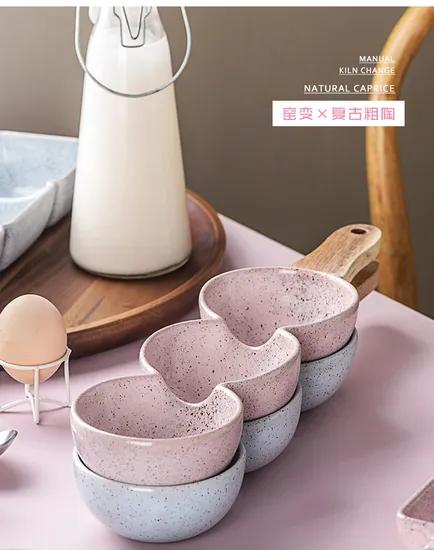 Elegante juego de cuencos de cerámica de 3 piezas con asas de madera para snacks