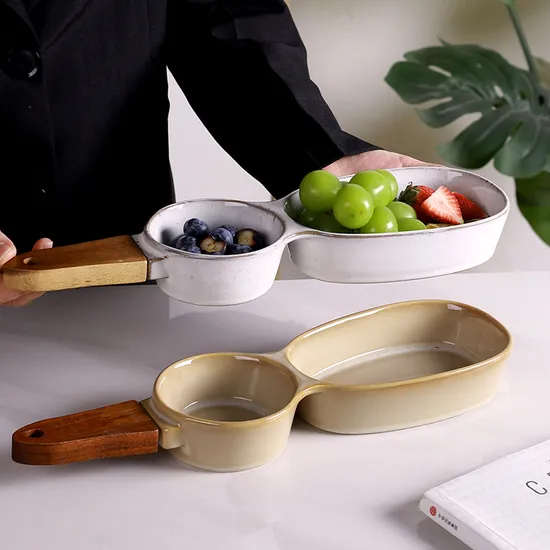 Mango de madera, cuenco de cerámica para aperitivos, plato de cerámica para servir, plato contenedor para ensalada
