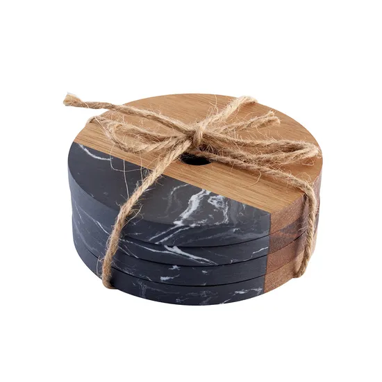 Juego de posavasos cuadrados de mármol y madera de acacia resistentes al calor, formas mixtas redondas/cuadradas/irregulares
