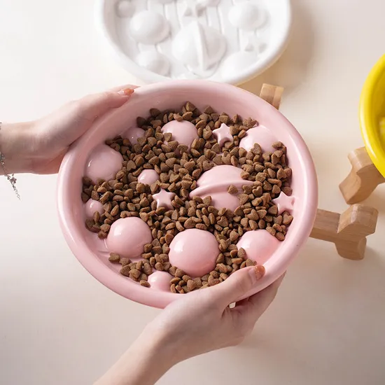 El alimento para animales de cerámica antiasfixia y de alimentación lenta platea el cuenco de la comida de perro del gato con el soporte de bambú