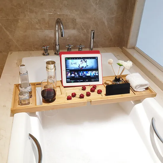 Bandeja extensible de bambú para bañera con estante de lectura, soporte para tableta, bandeja para teléfono móvil y soporte para copa de vino