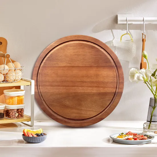 Tabla de cortar de madera redonda directa de fábrica con ranura para jugo