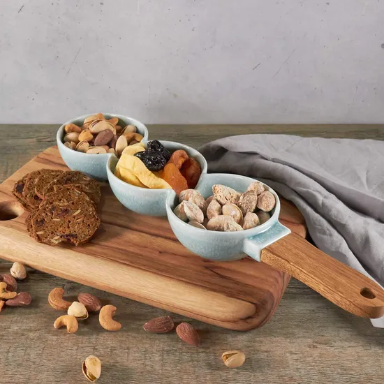 Tazón para servir de 3 partes con mango de madera para salsas, condimentos, condimentos, mezze, refrigerios, nueces y aceitunas