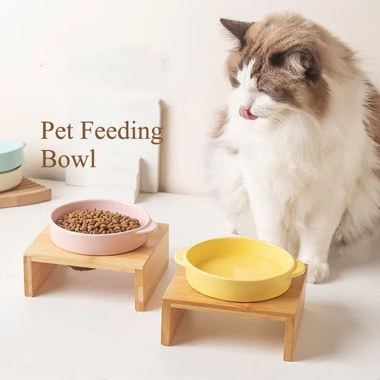 Venda al por mayor no el doble del derrame - cuenco de alimentación de cerámica del perro y del gato del cuenco del animal doméstico del oído con el soporte de bambú