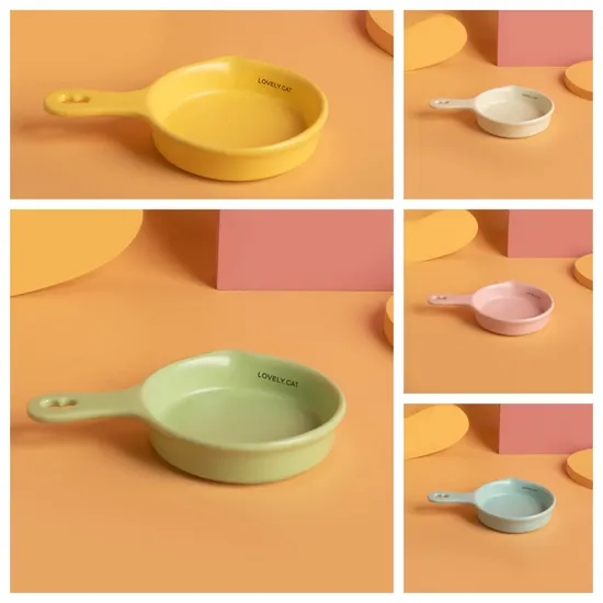 Olla de cerámica con fondo plano, cuenco para gatos, cuenco para alimentación lenta, cuenco para beber con asa y soporte de bambú