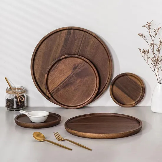 Decorar tocador redondo grande, bandeja de frutos secos de madera de nogal, plato de cena de madera
