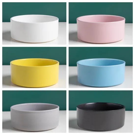 Productos para mascotas, cuenco de cerámica para alimentación de agua y comida para perros y gatos con soporte de madera de bambú