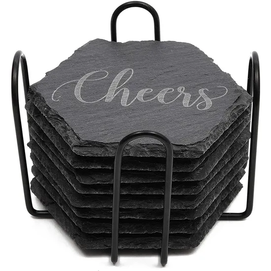 Posavasos de pizarra redondos grabados personalizados con soporte de bambú para regalos personales