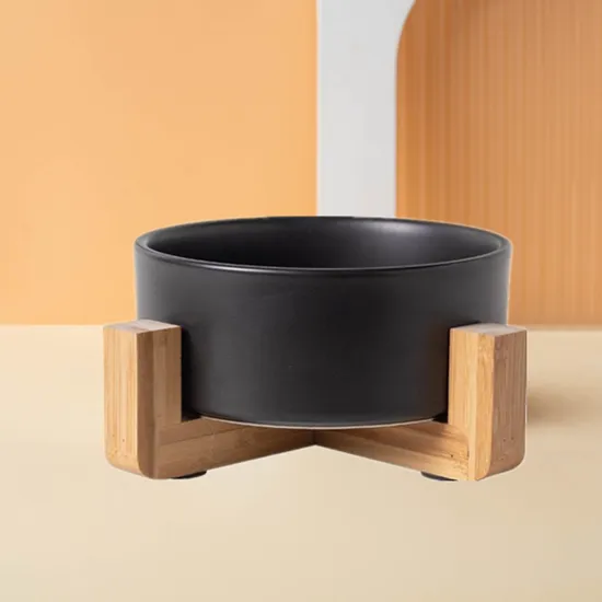 Cuenco de cerámica para perros y gatos con base de madera de bambú