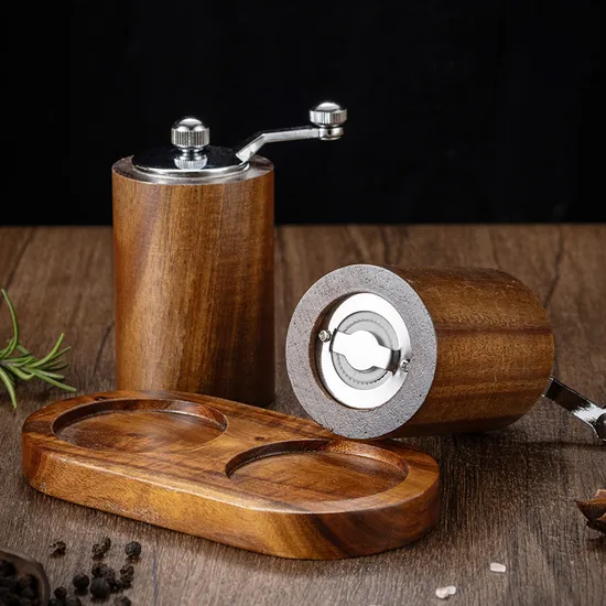 Jarrón molinillo de pimienta de madera de acacia con manivela y bandeja