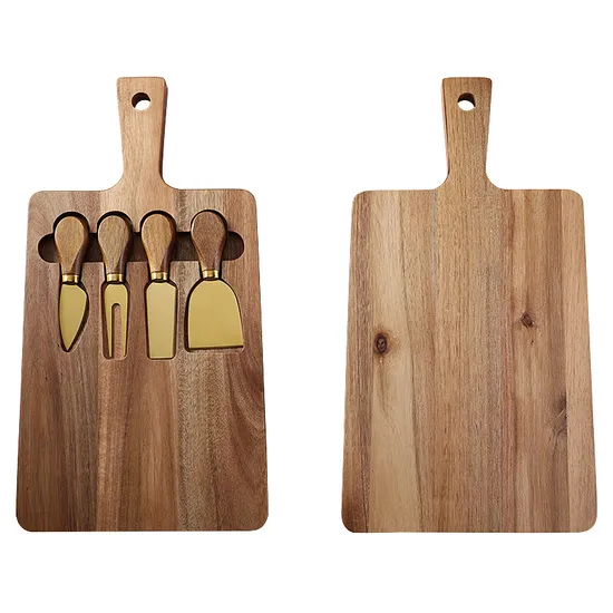 Tabla de quesos de madera de acacia con forma de paleta sostenible y juego de 4 cuchillos para queso