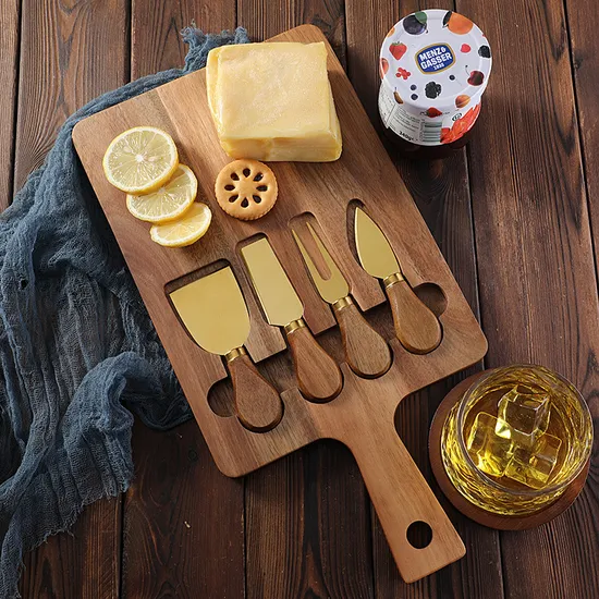 Tabla de embutidos de madera de acacia personalizada Tabla de quesos con asas y 4 cuchillos