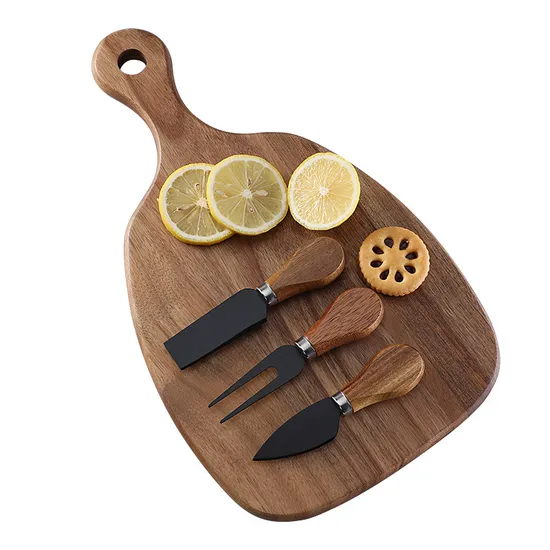 Tabla para servir queso de madera de acacia fácil de limpiar con asas y cuchillos negros