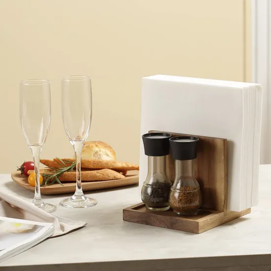 Soporte natural para servilletas con organizador de almuerzo para restaurante con carrito de sal y pimienta