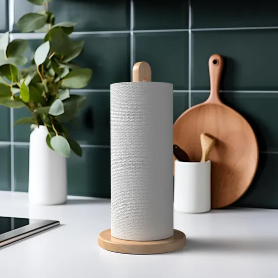 Soporte dispensador de toallas de papel de madera maciza de haya con base antideslizante