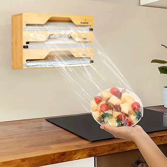 Caja de almacenamiento y cortador de envoltorios para alimentos de bambú y madera