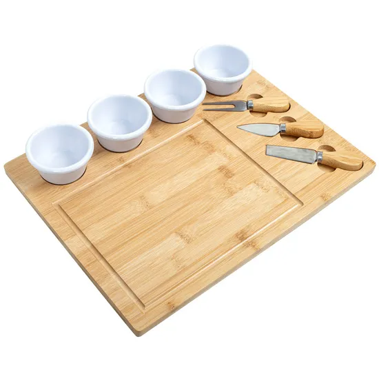 Juego de cuchillos y tabla de queso de bambú con platos de salsa de cerámica para servir queso y embutidos