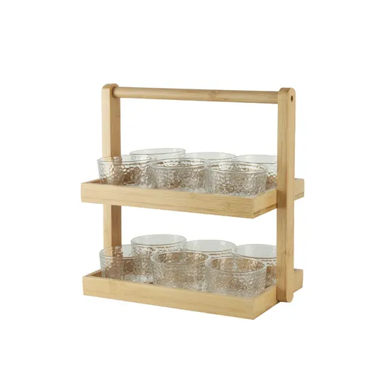 Cesta de almacenamiento de alimentos de bambú de 2 capas con asa y 12 tazones de vidrio para restaurante