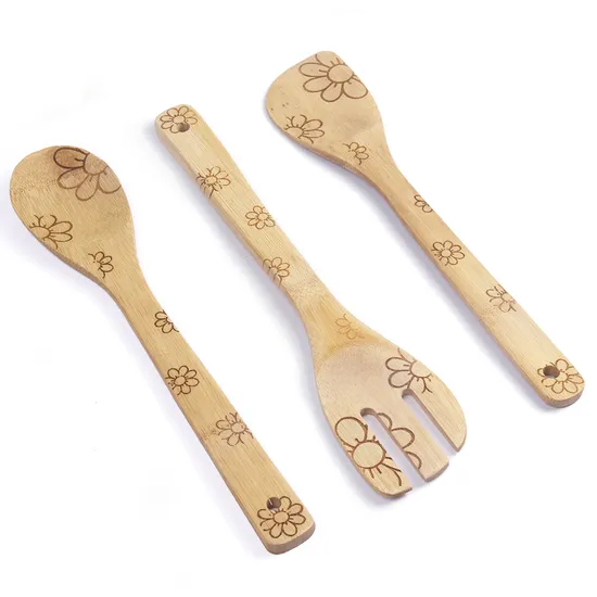 Juego de tenedor y cuchara de bambú grabado personalizado para cocinar