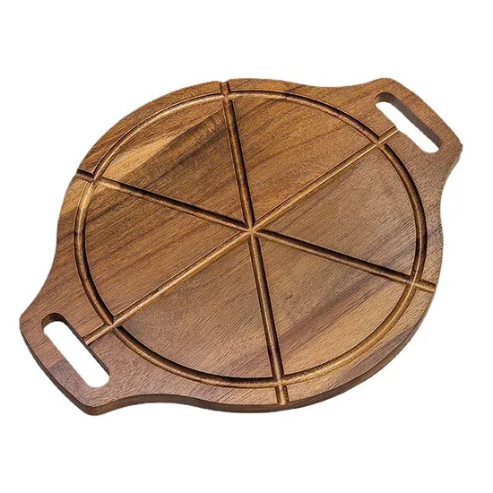 Tabla de cortar de madera redonda grande de doble cara para servir pizza con asas