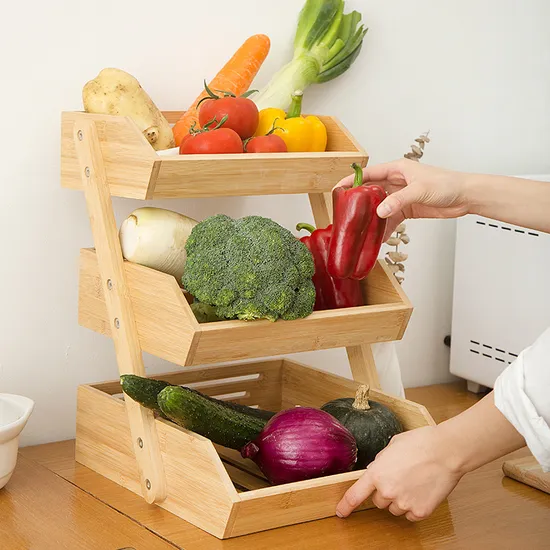 Estante de bambú grande del almacenamiento del organizador de la cesta de fruta de la cocina de 3 niveles