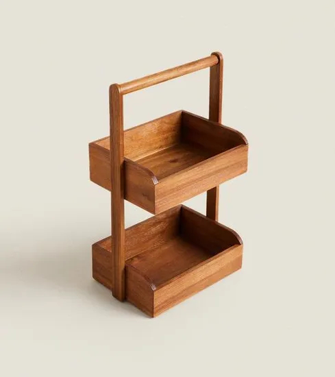 Estante del organizador de la ducha del estante del almacenamiento de madera de Acacia de la situación del piso de 2 niveles con la manija