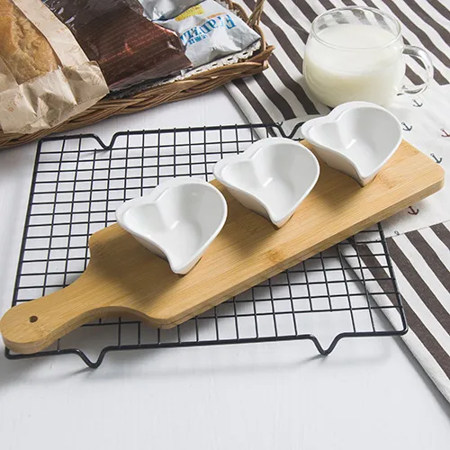 Platos de cerámica creativos de 3 piezas con bandeja de bambú para aperitivos/nueces/postres