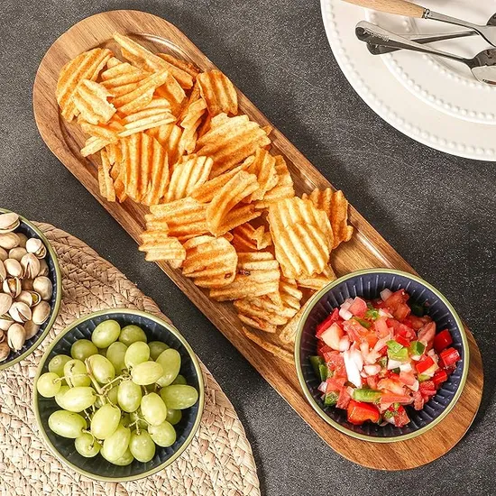 Bandeja de madera de acacia con 3 cuencos de cerámica de diferentes colores para servir Chip y DIP