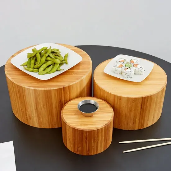 Juego de ensaladeras con elevador de exhibición de alimentos de bambú redondo de 3 piezas