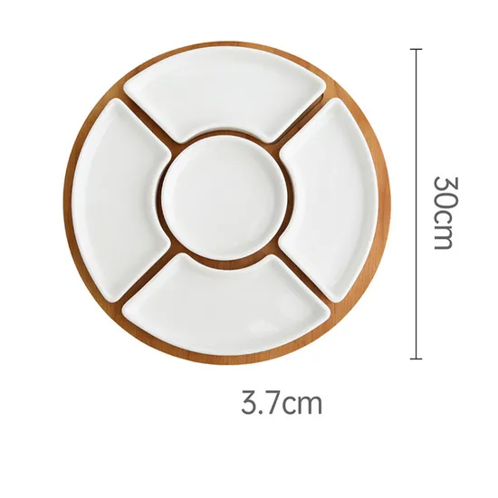 Bandeja giratoria de bambú para servir con platos de cerámica divididos redondos de 5 piezas