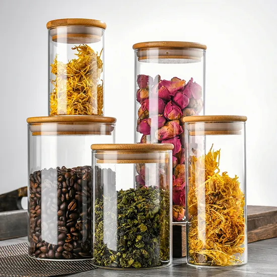 Comercio al por mayor de alto tarro de almacenamiento de alimentos de vidrio de borosilicato con tapa de bambú