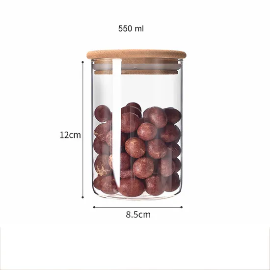 Tarro de vidrio redondo para almacenamiento de alimentos, 450ml, 550ml, 750ml, 900ml, con tapa de madera de bambú