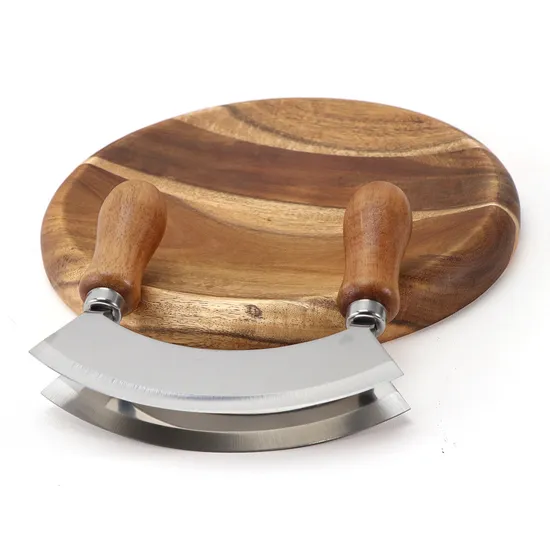 Tabla de cortar redonda de madera con picadora de hierbas Mezzaluna de acero inoxidable de doble hoja