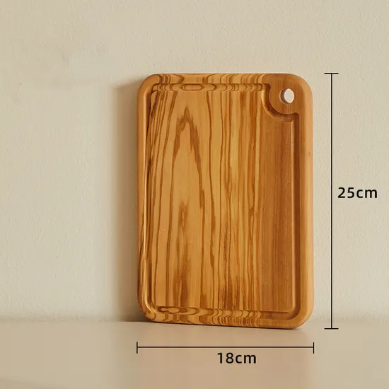 Tabla de cortar rectangular reversible de madera de olivo con ranura profunda para jugo