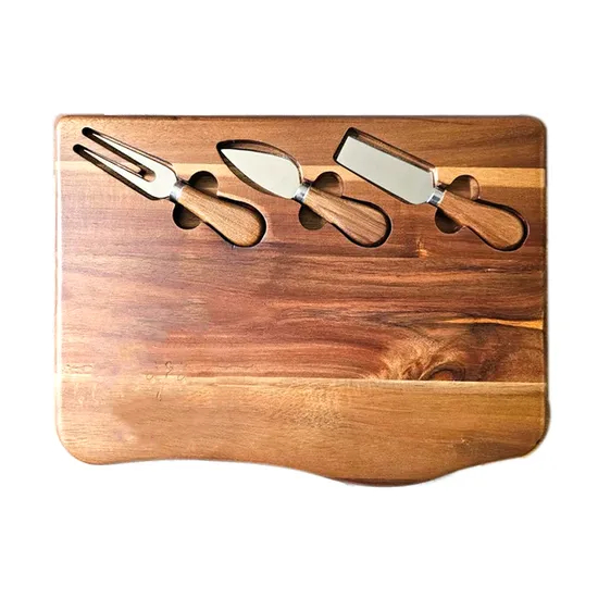 Tabla de cortar de madera grabada personalizada de Live Edge, tabla de queso de acacia con juego de cuchillos