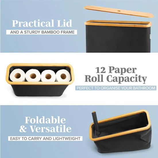 Organizador de papel higiénico apilable y plegable para baño con tapa de bambú