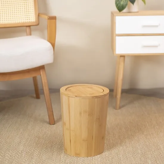 Papelera Redonda de Bambú con Tapa para Salón y Baño