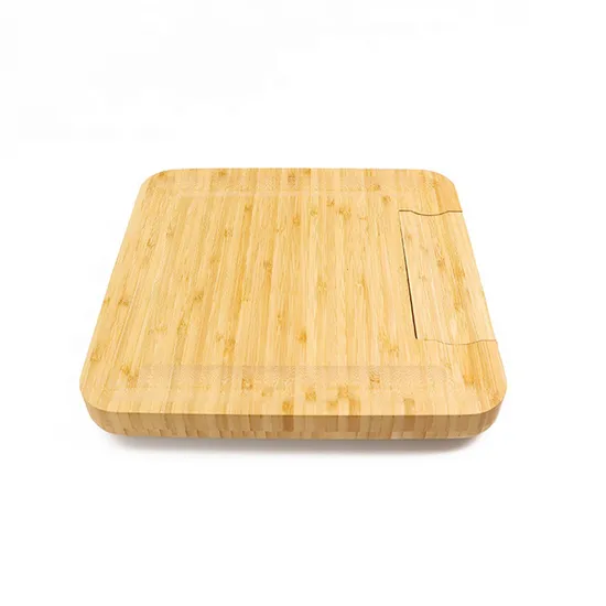 Tabla de quesos de bambú cuadrada de 13 pulgadas con cajón y juego de cuchillos de la fábrica de Fujian