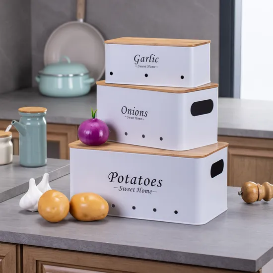 Juego de 3 cajas de almacenamiento de metal para patatas, cebollas y ajos con tapa y asa de bambú