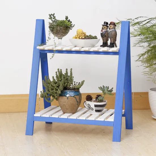 Escalera plegable de 2 niveles, soporte de madera para plantas, exhibición de macetas de madera para jardín