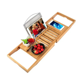 Estante de bambú para bañera, soporte para jabón para teléfono, tableta, libro de vino